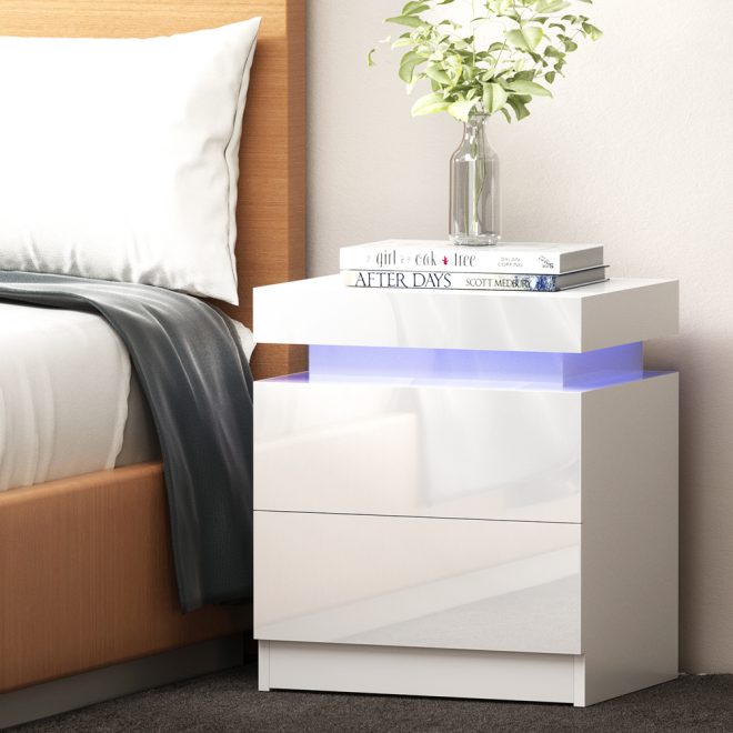 Artiss Bedside Tables Side Table Drawers RGB LED High Gloss Nightstand – White, Model 1