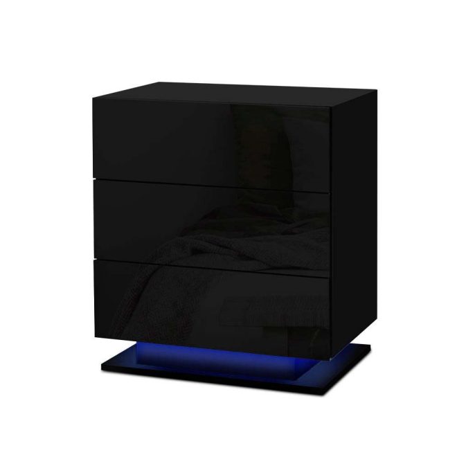 Artiss Bedside Tables Side Table Drawers RGB LED High Gloss Nightstand – Black, Model 2