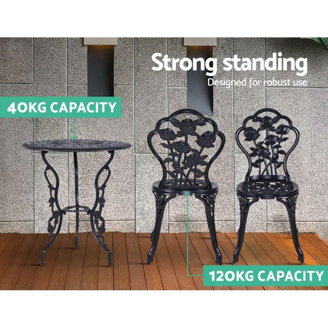 Gardeon 3PC Outdoor Setting Cast Aluminium Bistro Table Chair Patio – Black