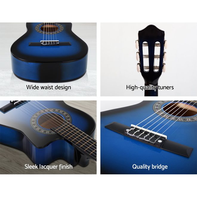 Alpha 34″ Inch Guitar Classical Acoustic Cutaway Wooden Ideal Kids Gift Children 1/2 Size – 34″ Blue Set