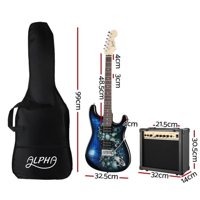 Alpha Electric Guitar Music String Instrument Rock Black Carry Bag Steel String – 41″Skull Electric with AMP