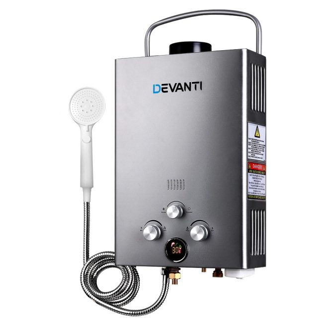 Devanti Portable Gas Water Heater 8LPM Outdoor Camping Shower – Beige, With Pump