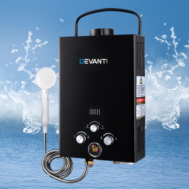 Devanti Portable Gas Water Heater 8LPM Outdoor Camping Shower – Black, With Pump
