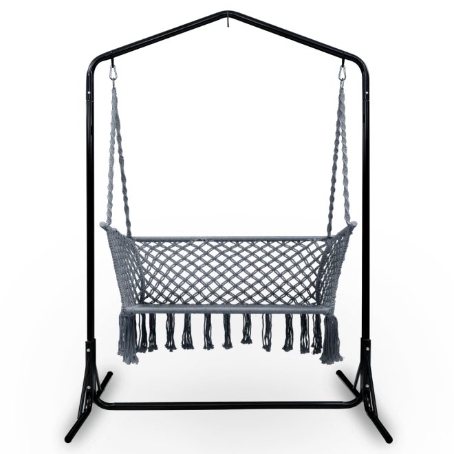 Gardeon Double Swing Hammock Chair with Stand Macrame Outdoor Bench Seat Chairs – Grey