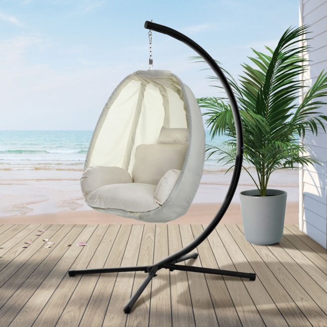 Gardeon Outdoor Furniture Egg Hammock Porch Hanging Pod Swing Chair with Stand – Cream