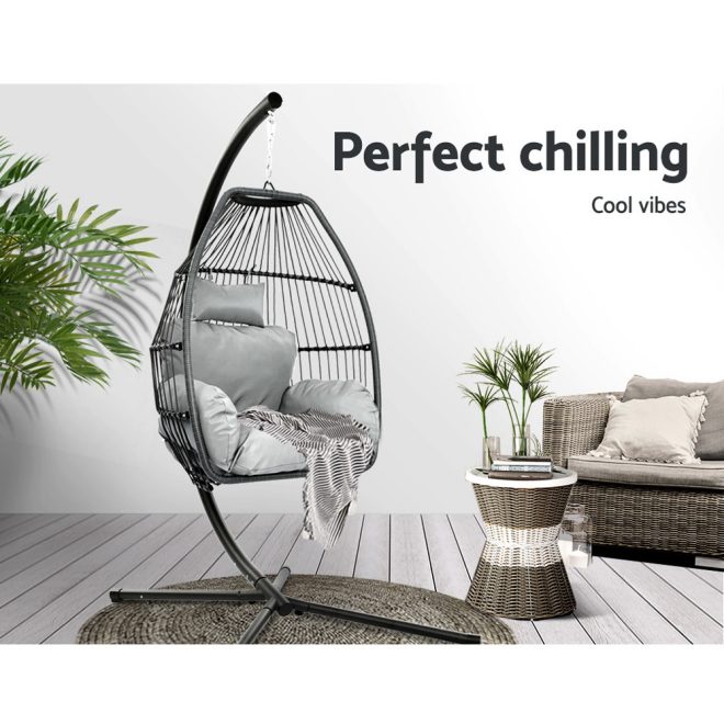 Gardeon Outdoor Furniture Egg Hammock Hanging Swing Chair Stand Pod Wicker – Grey
