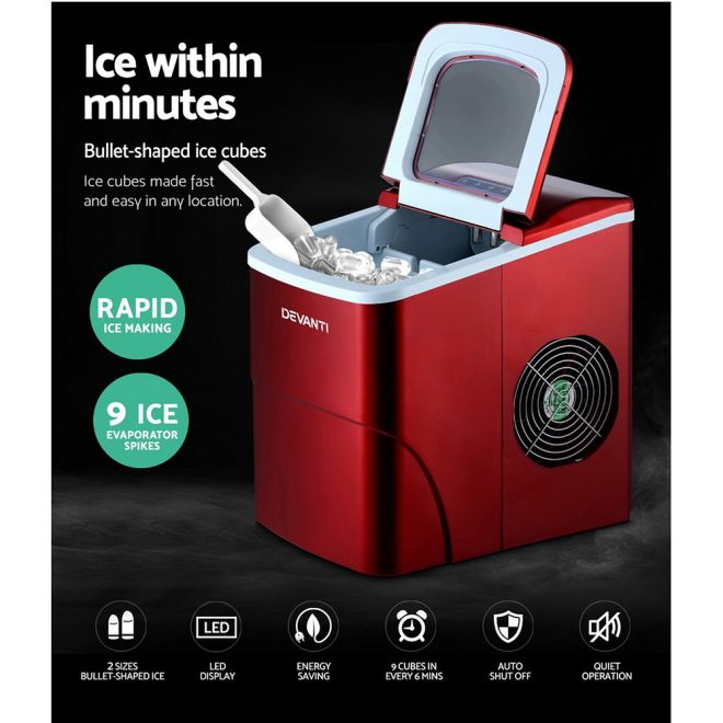 DEVANTi Portable Ice Cube Maker Machine 2L Home Bar Benchtop Easy Quick – Red