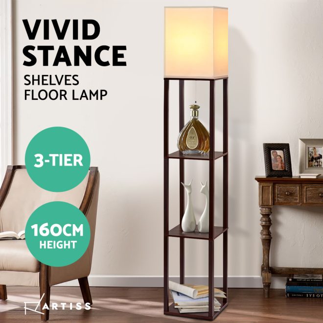 Artiss Led Floor Lamp Shelf Vintage Wood Standing Light Reading Storage Bedroom – Brown, Type 3