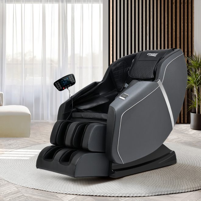 Livemor Electric Massage Chair Full Body Reclining Zero Shiatsu Heating Massager – Black and Grey