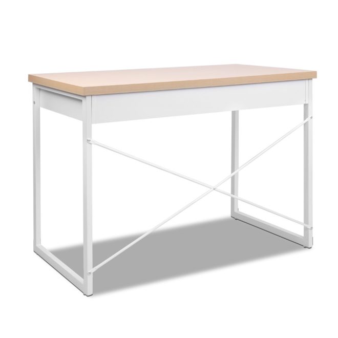 Artiss Metal Desk with Drawer – Wooden Top – Oak and White