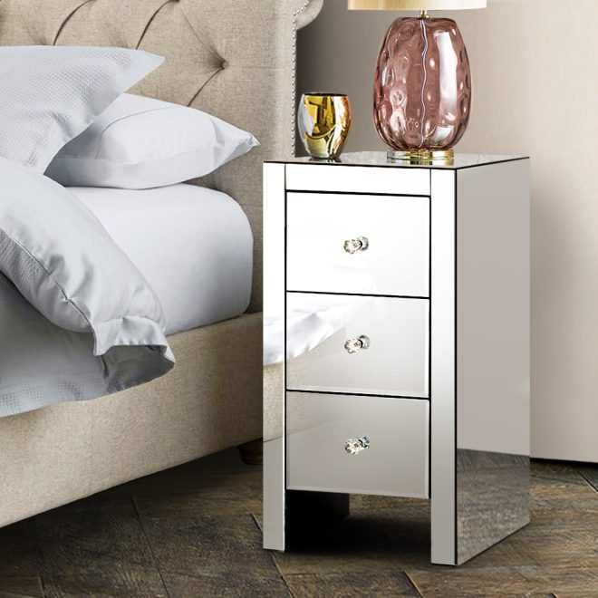 Artiss Mirrored Bedside Tables Drawers Crystal Chest Nightstand Glass – Silver