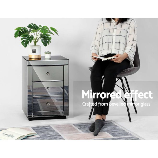 Artiss Mirrored Bedside table Drawers Furniture Mirror Glass Presia – Smoky Grey, 1