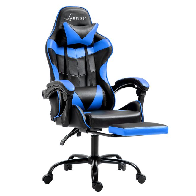 Office Chair Leather Gaming Chairs Footrest Recliner Study Work – Black and Blue