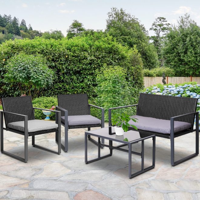 Gardeon 4PC Outdoor Furniture Patio Table Chair Black – Without Cover