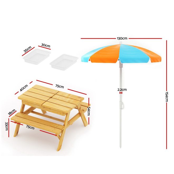 Keezi Kids Outdoor Table and Chairs Picnic Bench Seat Children Wooden Indoor – Wood, With Umbrella