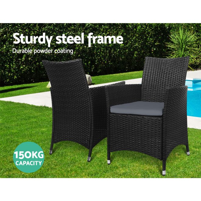 Outdoor Bistro Set Chairs Patio Furniture Dining Wicker Garden Cushion Gardeon – 2X Chair + Table