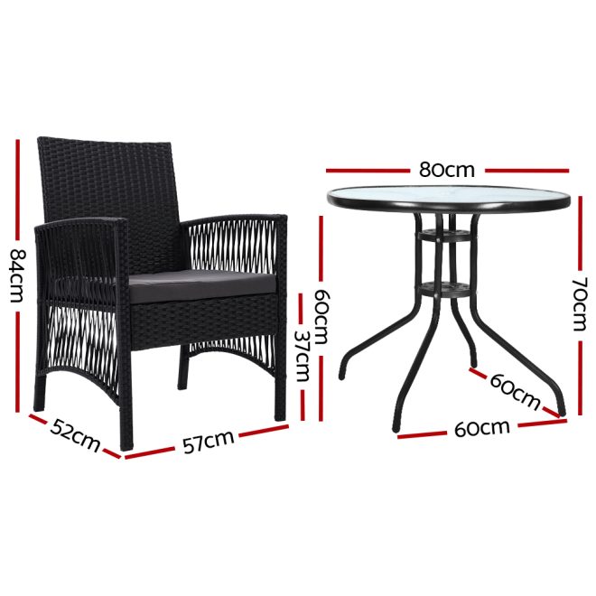 Outdoor Furniture Dining Chairs Wicker Garden Patio Cushion Black Gardeon – 2X Chair + Table