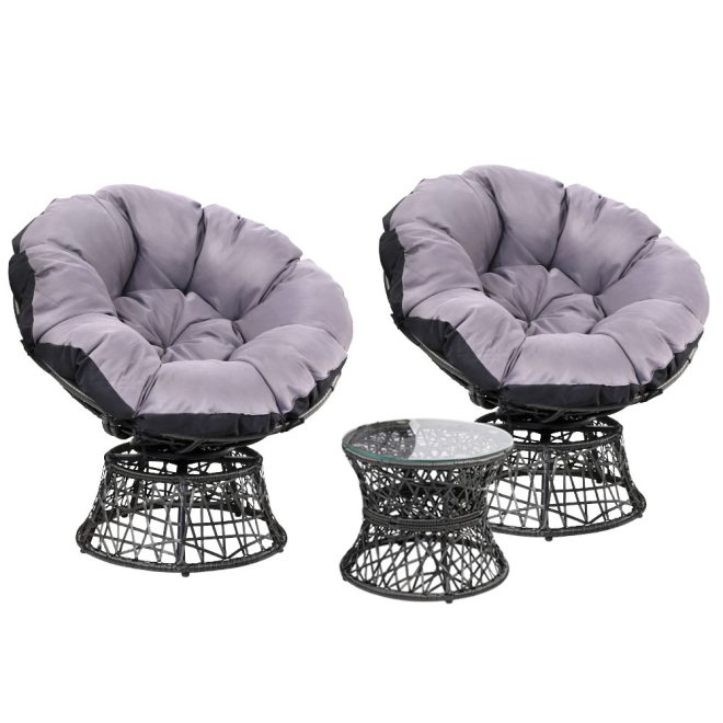 Gardeon Outdoor Papasan Chairs Lounge Setting Patio Furniture Wicker – Black, 2x chair + 1x Side Table