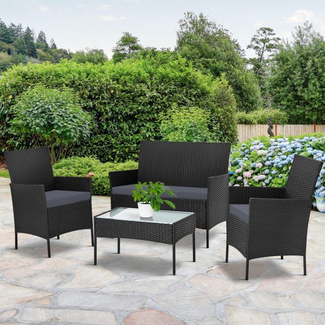 Gardeon 4-piece Outdoor Lounge Setting Wicker Patio Furniture Dining Set – Black and Grey, Without Storage Cover