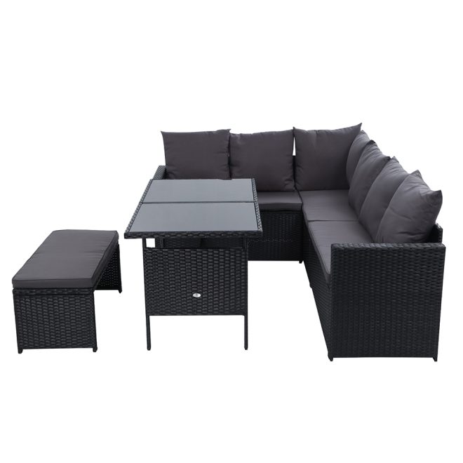 Gardeon Outdoor Furniture Dining Setting Sofa Set Lounge Wicker 8 Seater – Black and Dark Grey, With Storage Cover