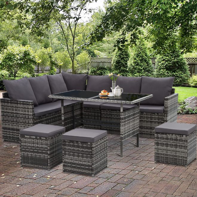 Gardeon Outdoor Furniture Dining Setting Sofa Set Lounge Wicker 9 Seater – Dark Grey and Mixed Grey, Without Storage Cover