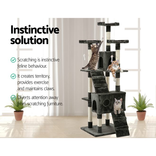 i.Pet Cat Tree 180cm Trees Scratching Post Scratcher Tower Condo House Furniture Wood – Grey