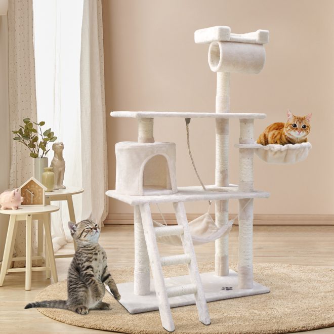 i.Pet Cat Tree 141cm Trees Scratching Post Scratcher Tower Condo House Furniture Wood – Beige