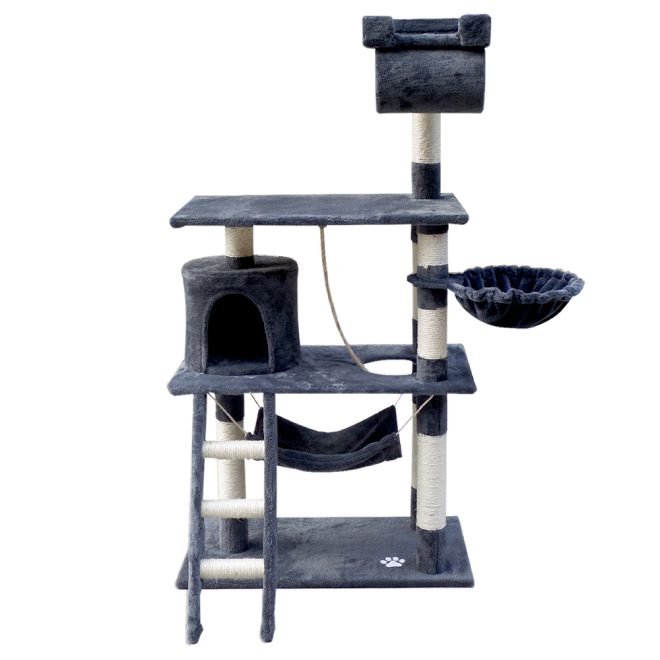 i.Pet Cat Tree 141cm Trees Scratching Post Scratcher Tower Condo House Furniture Wood – Grey