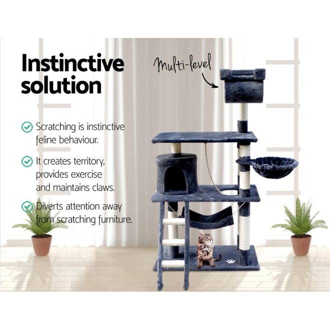 i.Pet Cat Tree 141cm Trees Scratching Post Scratcher Tower Condo House Furniture Wood – Grey