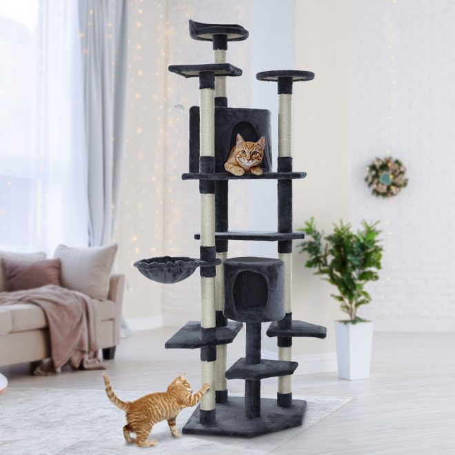 i.Pet Cat Tree 203cm Trees Scratching Post Scratcher Tower Condo House Furniture Wood – Grey