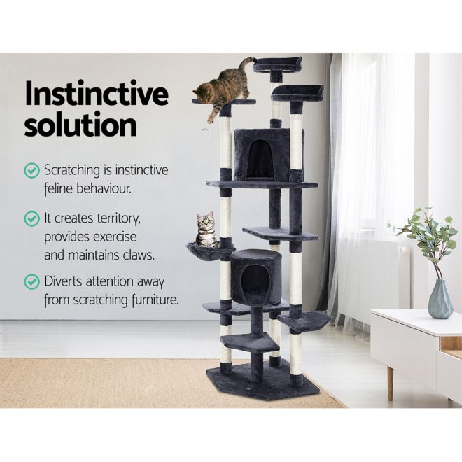 i.Pet Cat Tree 203cm Trees Scratching Post Scratcher Tower Condo House Furniture Wood – Grey
