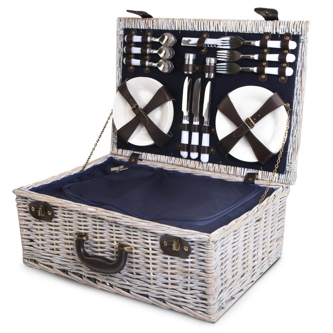 6 Person Picnic Basket Set Cooler Bag Wicker PU Fastening Straps Plates