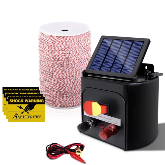 Giantz Solar Electric Fence Charger Energiser – 3 Km Coverage + 2000 m Wire Tape
