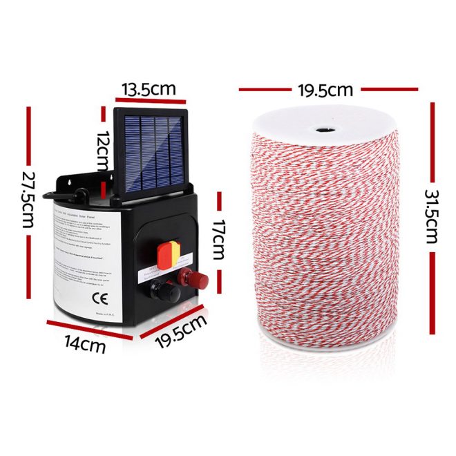 Giantz Solar Electric Fence Charger Energiser – 3 Km Coverage + 2000 m Wire Tape