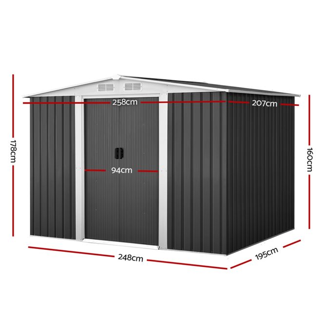 Giantz Garden Shed Outdoor Storage Sheds Workshop Metal Base Grey – 2.58×2.07×1.78 m, With base