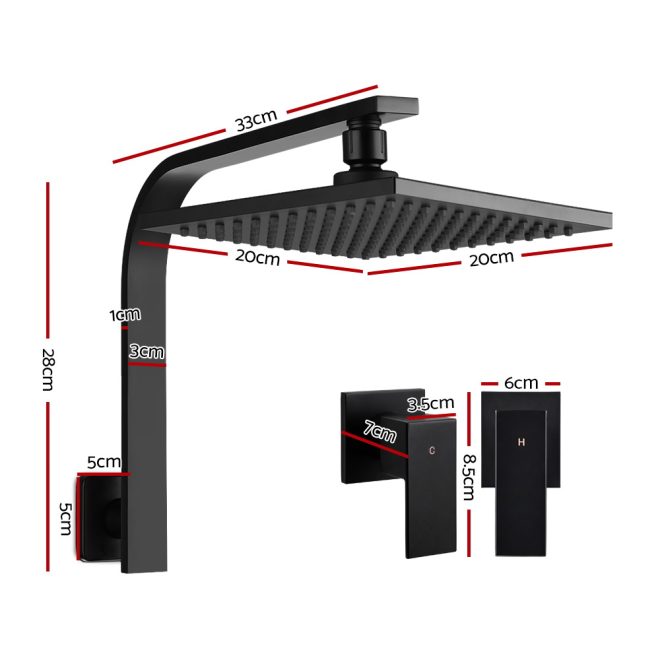 Cefito WElS 8” Rain Shower Head Set Square High Pressure Wall Arm DIY – Black, 8” Round Shower Head + Shower Taps Set