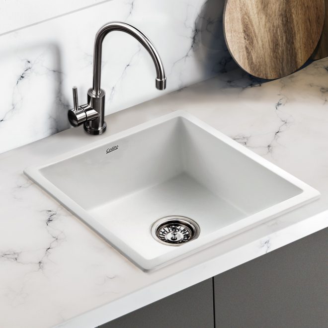 Cefito Stone Kitchen Sink Granite Under/Topmount Basin Bowl Laundry – 45x45x22 cm, White