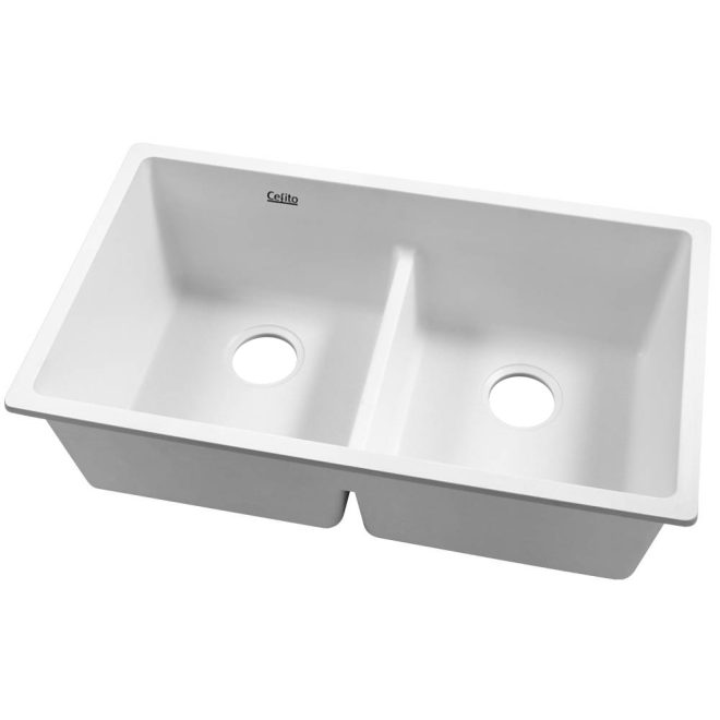 Cefito Stone Kitchen Sink 790X460MM Granite Under/Topmount Basin Double Bowl – White