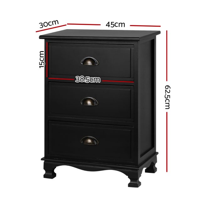 Artiss Vintage Bedside Table Chest Storage Cabinet Nightstand – Black, 3 Drawer