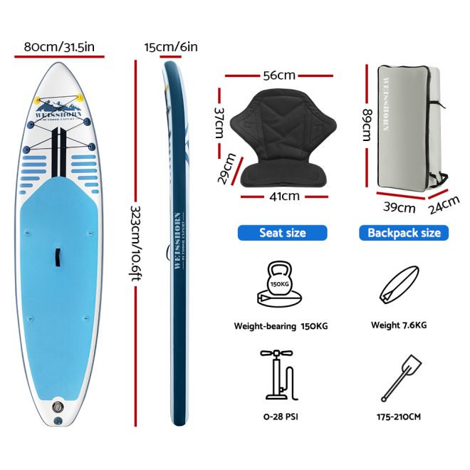 Weisshorn Stand Up Paddle Board Inflatable SUP Surfboard Paddleboard Kayak 10FT – Blue and White
