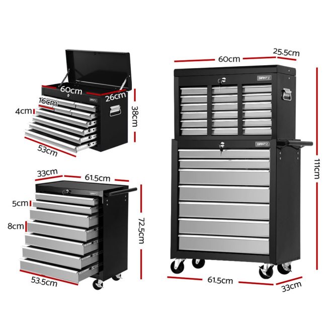 Giantz 17 Drawers Tool Box Trolley Chest Cabinet Cart Garage Mechanic Toolbox – Black and Silver
