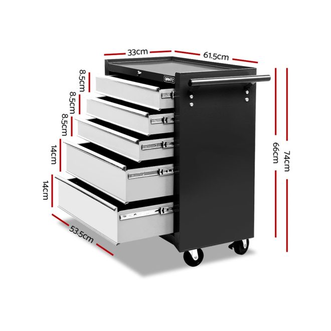 Giantz 5 Drawer Mechanic Tool Box Cabinet Storage Trolley – Black and Silver