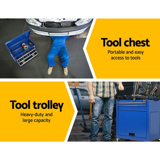 Giantz 7 Drawer Tool Box Cabinet Chest Storage Garage Toolbox Organiser Set – Blue