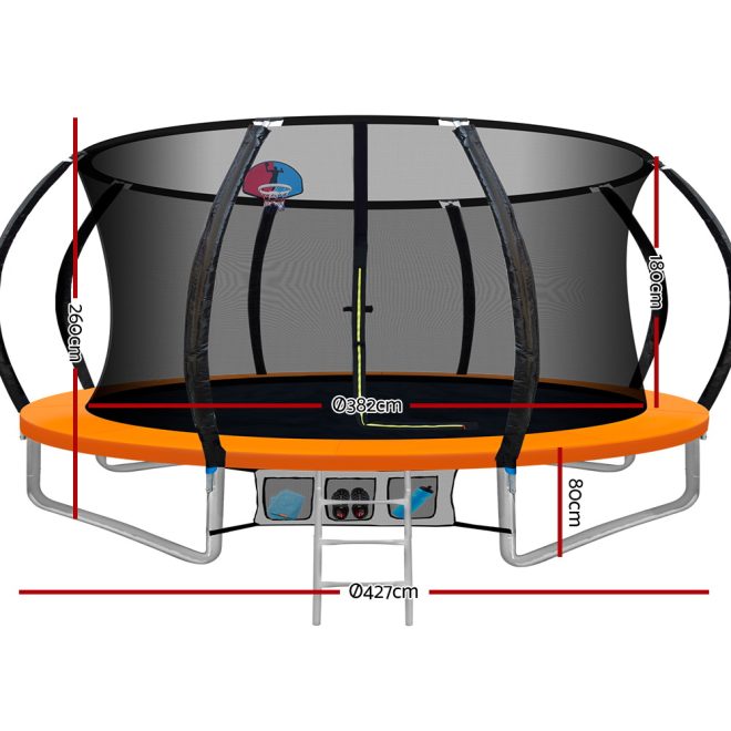 Everfit Trampoline Round Trampolines With Basketball Hoop Kids Present Gift Enclosure Safety Net Pad Outdoor – 14ft, Orange
