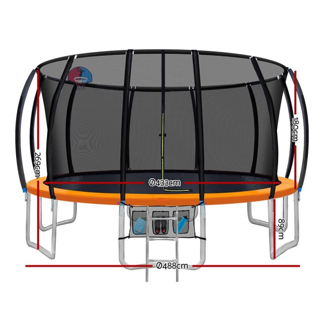 Everfit Trampoline Round Trampolines With Basketball Hoop Kids Present Gift Enclosure Safety Net Pad Outdoor – 16ft, Orange
