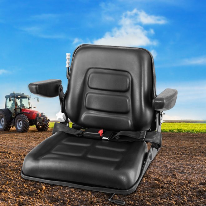 Giantz Tractor Seat with Armrest Forklift Excavator Bulldozer Universal Suspension Backrest Truck Chair black – With Armrest