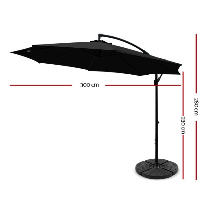 Instahut 3M Umbrella with Base Outdoor Umbrellas Cantilever Sun Beach Garden Patio – 48x48x7.5 cm(Base), Black