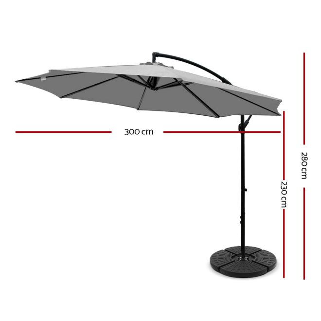 Instahut 3M Umbrella with Base Outdoor Umbrellas Cantilever Sun Beach Garden Patio – 48x48x7.5 cm(Base), Grey