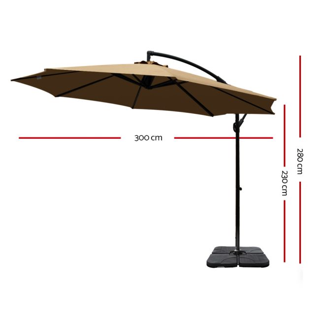 Instahut 3M Umbrella with Base Outdoor Umbrellas Cantilever Sun Beach Garden Patio – 50x50x8.5 cm(Base), Beige