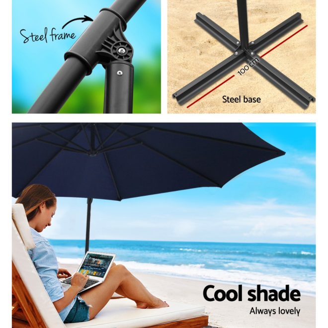 Instahut 3M Umbrella with Base Outdoor Umbrellas Cantilever Sun Beach Garden Patio – 50x50x8.5 cm(Base), Navy Blue